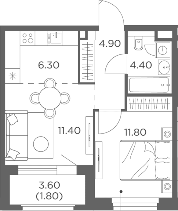 Планировка: Евродвушка 38,8 м² в ЖК «Белый Град»