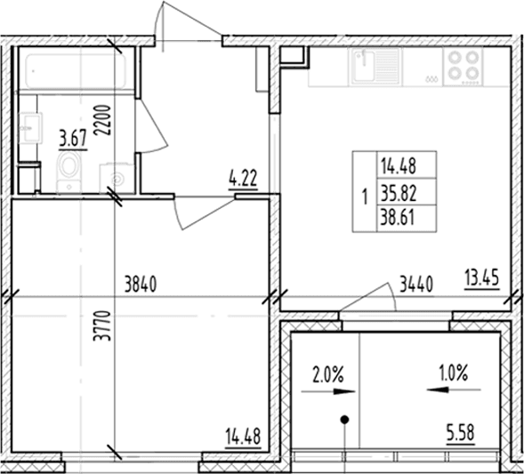 Планировка: 1-комнатная квартира 35,8 м² в ЖК «ЛесАрт»
