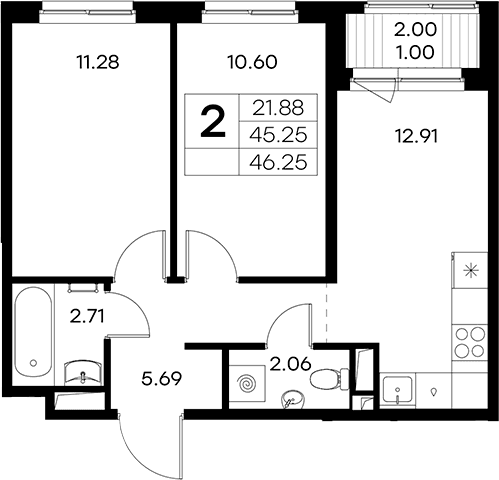 Планировка: Евротрёшка 45,3 м² в ЖК «Новоселье»