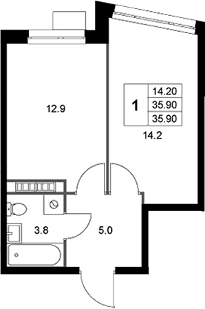 Планировка: 1-комнатная квартира 35,9 м² в ЖК «Легенда Коренево»