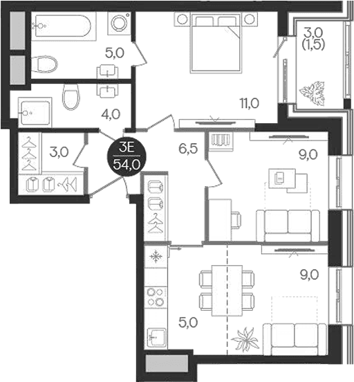 Планировка: Евротрёшка 52,5 м² в ЖК «Кантемировский»
