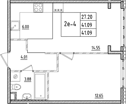 Планировка: Евродвушка 41,1 м² в ЖК «ЛесАрт»
