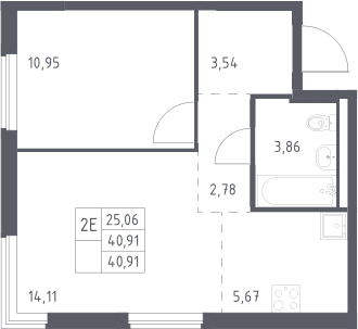 Планировка: Евродвушка 40,9 м² в ЖК «Мытищи Парк»