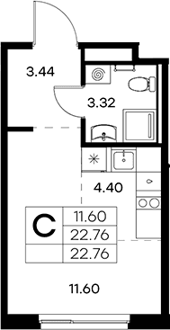 Планировка: Студия 22,8 м² в ЖК «Новоселье»
