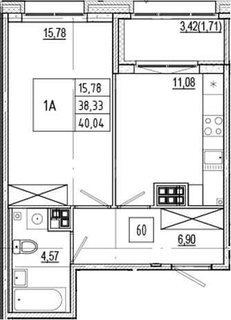 Планировка: 1-комнатная квартира 38,3 м² в ЖК «Ranta Residence»