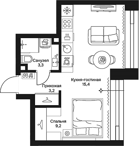 Планировка: Студия 31,1 м² в ЖК «Дом 7 Даниловский»