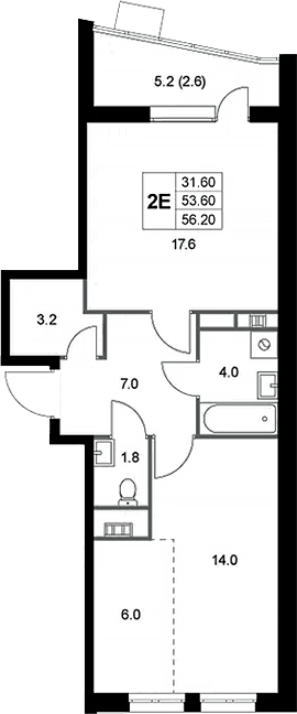 Планировка: Евродвушка 53,6 м² в ЖК «Легенда Коренево»