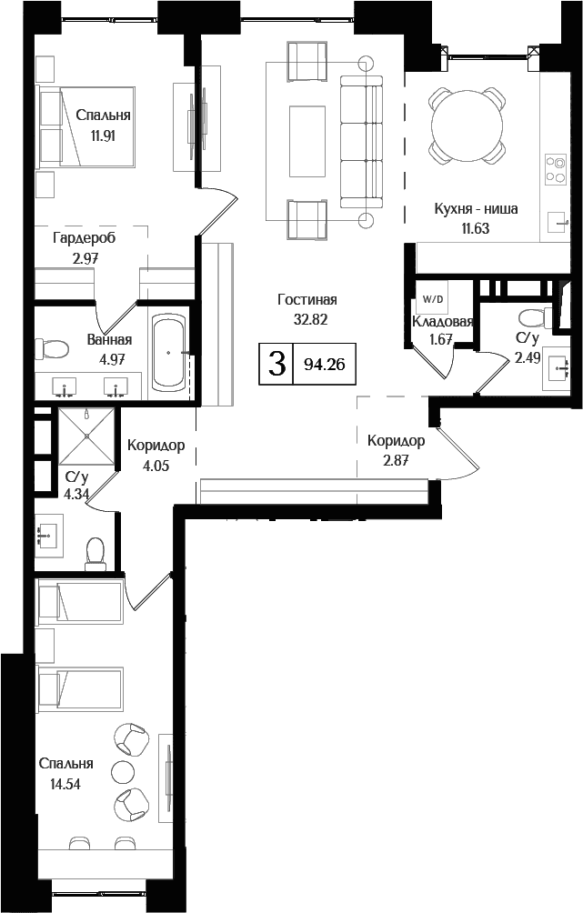 Планировка: Евротрёшка 94,3 м² в ЖК «Преображенская площадь»