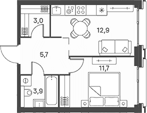 Планировка: Евродвушка 36,8 м² в ЖК «Портленд»