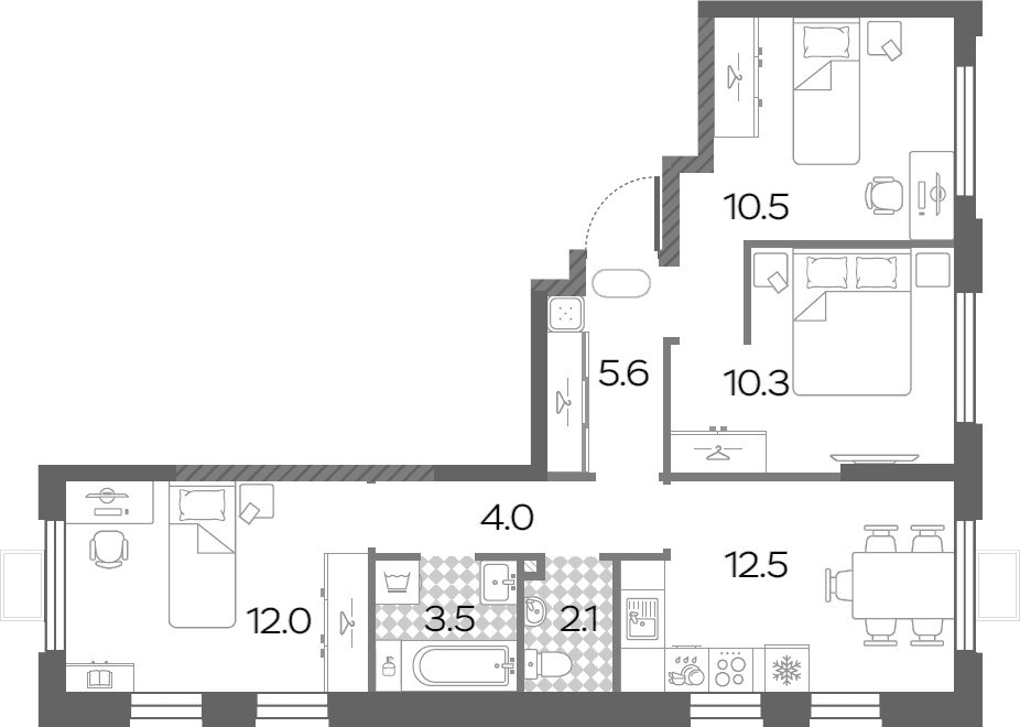 Планировка: 3-комнатная квартира 60,5 м² в ЖК «Лучи»