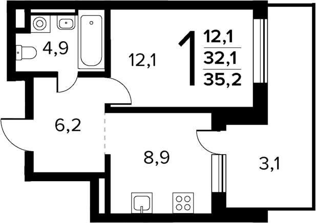 Планировка: 1-комнатная квартира 32,1 м² в ЖК «Новые Ватутинки Квартал у реки»