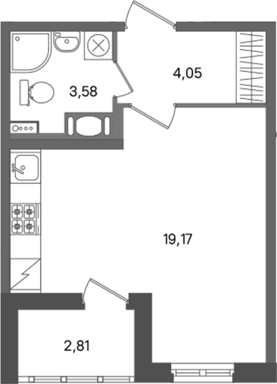 Планировка: Студия 26,8 м² в ЖК «ПАТИО. Уютный квартал»