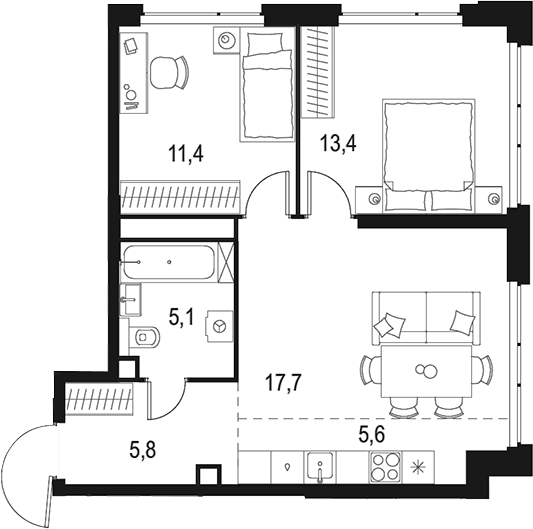 Планировка: Евротрёшка 59 м² в ЖК «Левел Мичуринский»