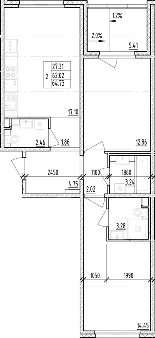 Планировка: 2-комнатная квартира 62 м² в ЖК «ЛесАрт»
