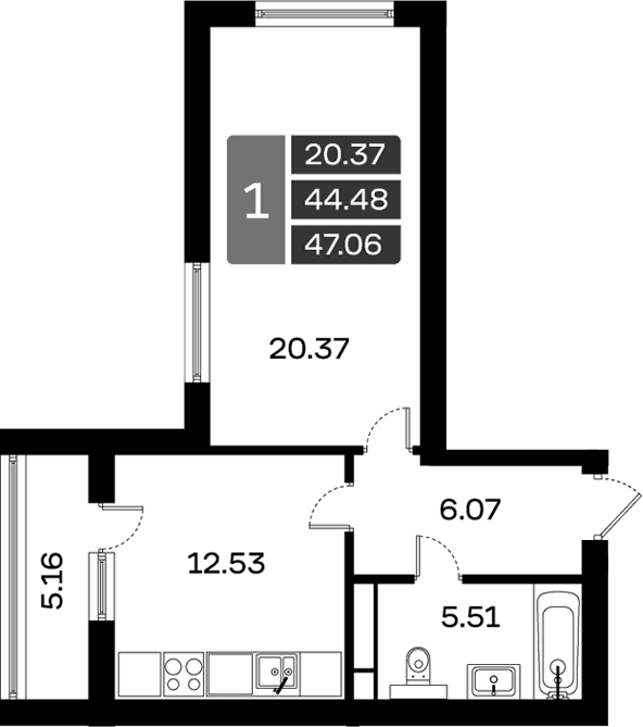 Планировка: 1-комнатная квартира 44,5 м² в ЖК «Домодедово Парк»