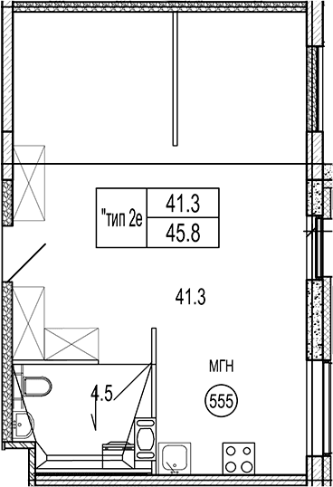 Планировка: Студия 45,8 м² в ЖК «VIDI»