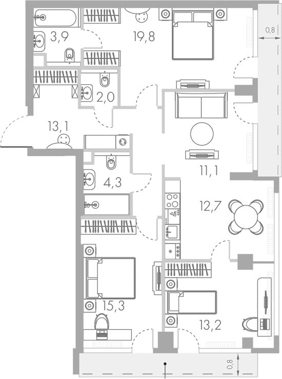 Планировка: Квартира евро-4 95,4 м² в ЖК «Ривер Парк Кутузовский»