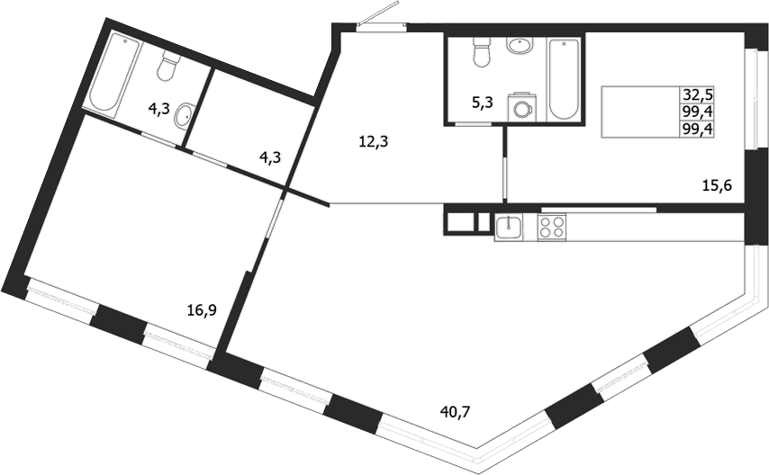 Планировка: 2-комнатная квартира 99,4 м² в ЖК «ЛДМ»