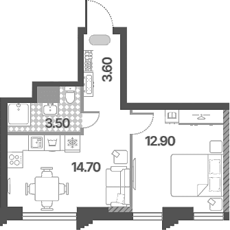 Планировка: Евродвушка 34,7 м² в ЖК «Обручева 30»
