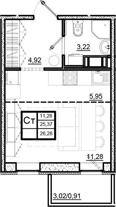 Планировка: Студия 25,4 м² в ЖК «Северный Меридиан»