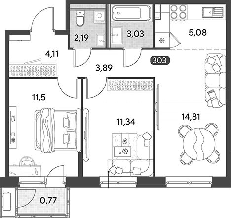 Планировка: Евротрёшка 56 м² в ЖК «Космопарк»