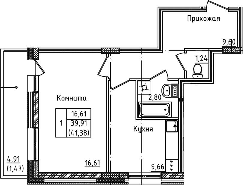 Планировка: 1-комнатная квартира 39,9 м² в ЖК «Зеленый город»