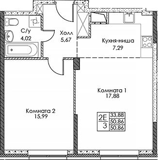 Планировка: Евродвушка 50,9 м² в ЖК «ЭВОПАРК Сокольники»