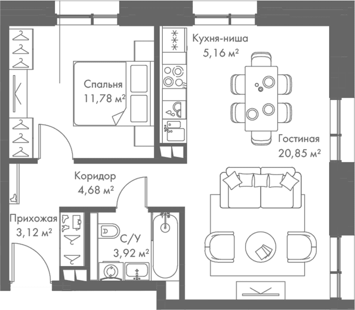 Планировка: Евродвушка 49,5 м² в ЖК «МИРА»