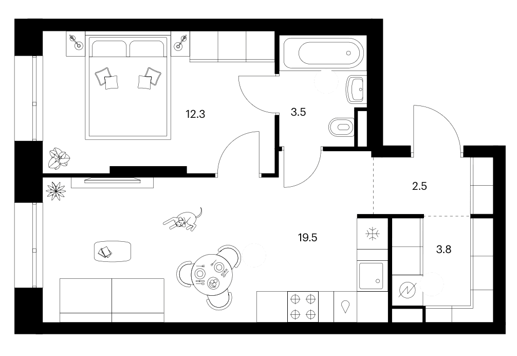 Планировка: 1-комнатная квартира 41,6 м² в ЖК «Зеленый парк»