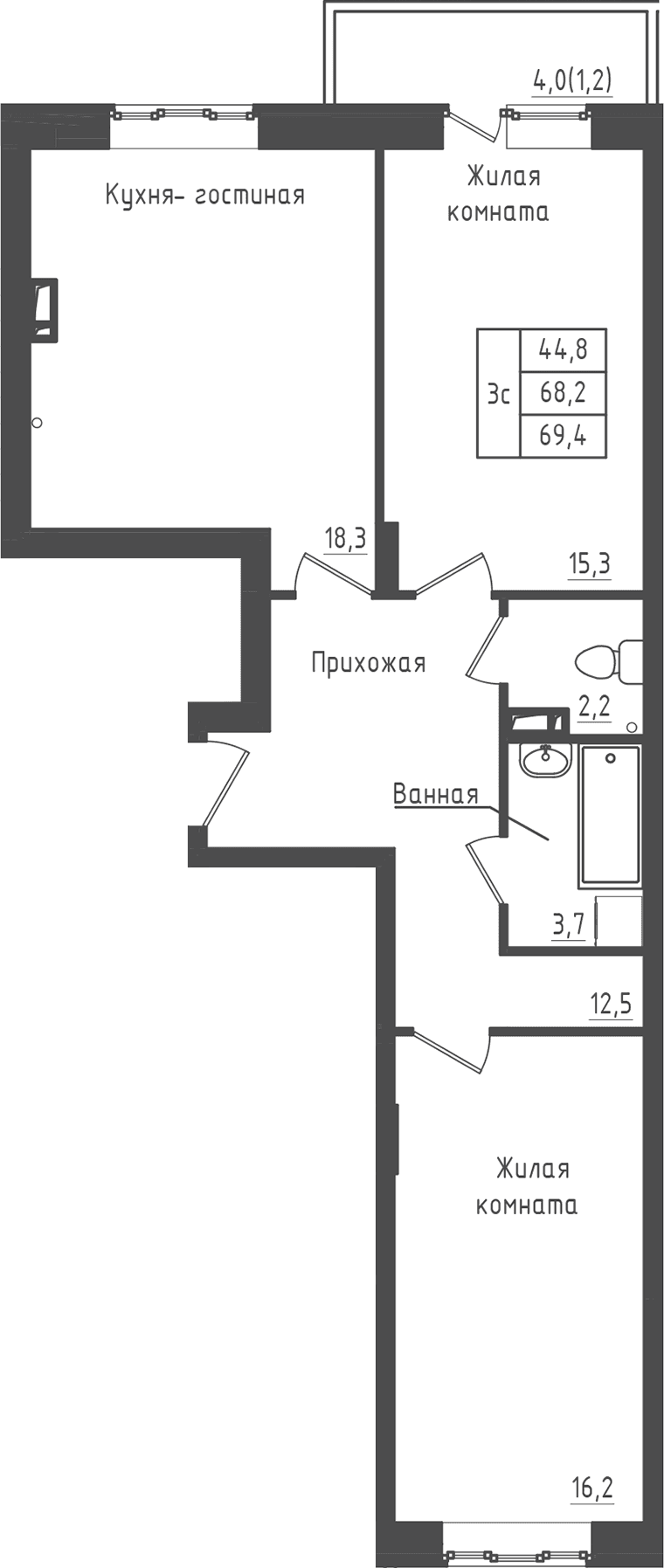 Планировка: 2-комнатная квартира 68,2 м² в ЖК «Зеленый город»