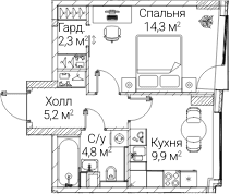 Планировка: 1-комнатная квартира 36,5 м² в ЖК «СЕЗАР БУДУЩЕЕ»