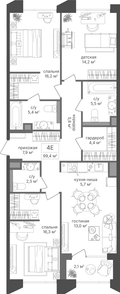 Планировка: Квартира евро-4 97,3 м² в ЖК «Петровский Парк II»