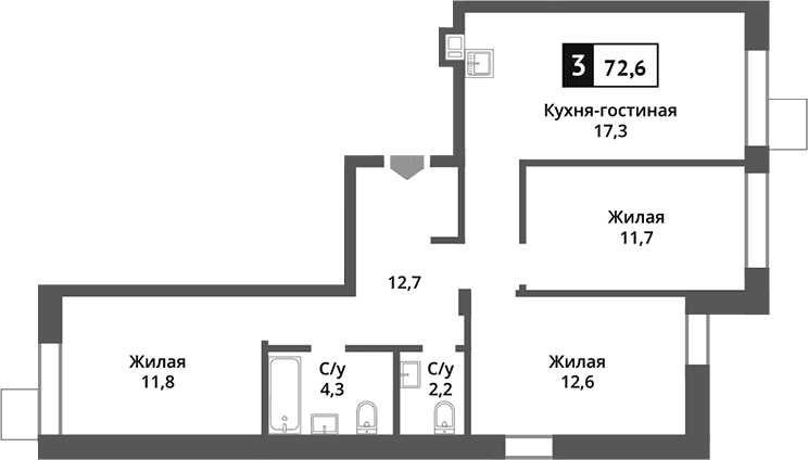 Планировка: Квартира евро-4 72,6 м² в ЖК «Никольский квартал Отрада»
