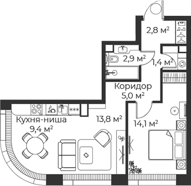 Планировка: Евродвушка 49,4 м² в ЖК «Веер»