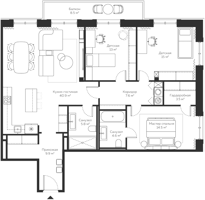Планировка: Квартира евро-4 126,4 м² в ЖК «River Residences»
