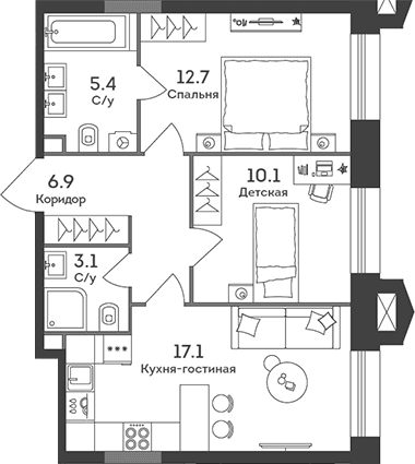 Планировка: 2-комнатная квартира 55,3 м² в ЖК «ЭРА»