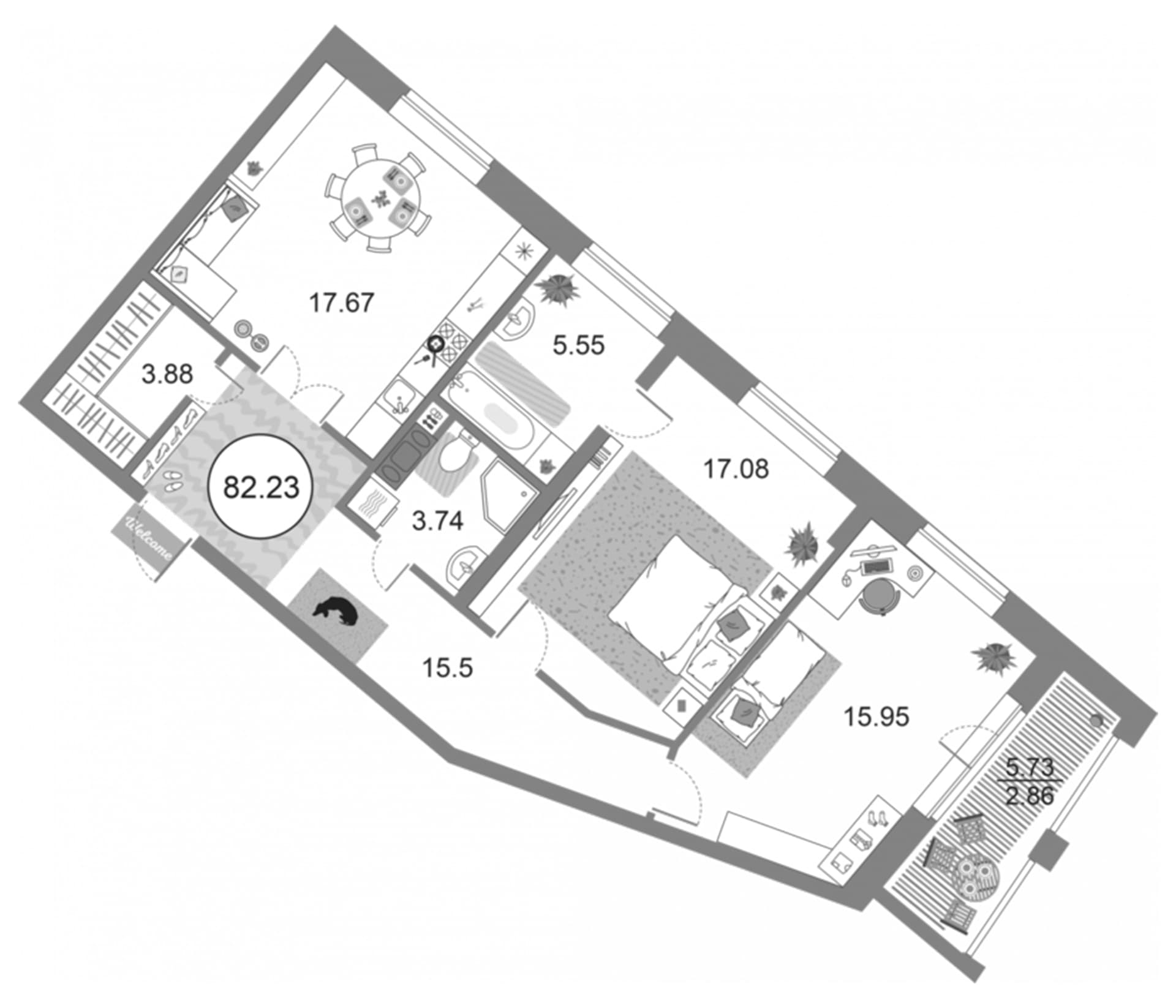 Планировка: Евротрёшка 79,4 м² в ЖК «Modum»