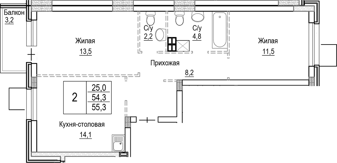 Планировка: Евротрёшка 54,3 м² в ЖК «Лесная Отрада»