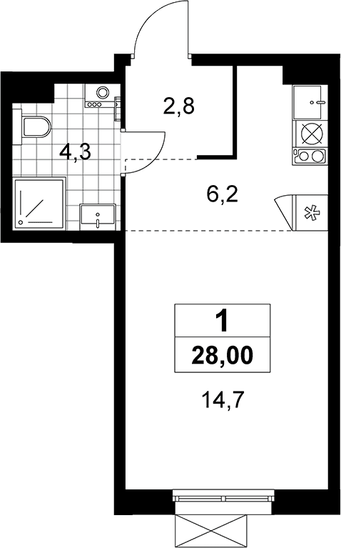 Планировка: Студия 28 м² в ЖК «Прокшино»