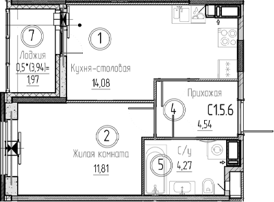 Планировка: 1-комнатная квартира 34,7 м² в ЖК «Аквилон Верба»