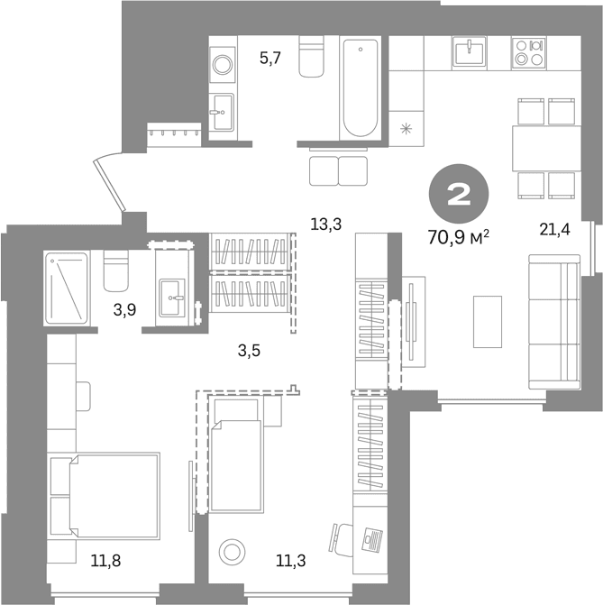 Планировка: 2-комнатная квартира 70,9 м² в ЖК «Первый квартал. Вторая очередь»