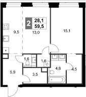 Планировка: Евродвушка 59,5 м² в ЖК «Амбер Сити»