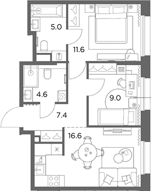 Планировка: Евротрёшка 54,2 м² в ЖК «Станиславский»
