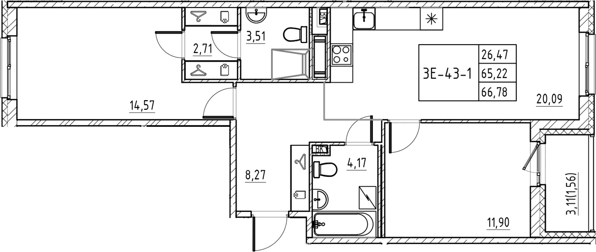 Планировка: Евротрёшка 65,2 м² в ЖК «Энфилд»