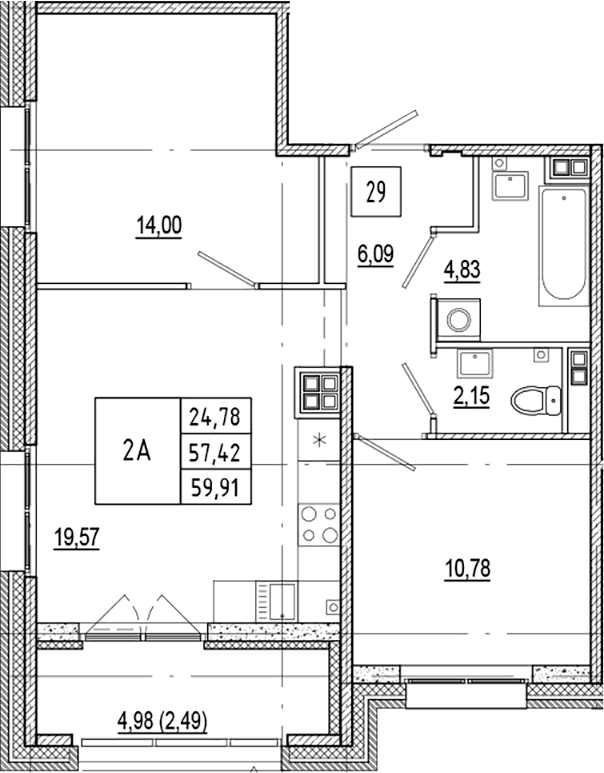 Планировка: Евротрёшка 57,4 м² в ЖК «Ranta Residence»