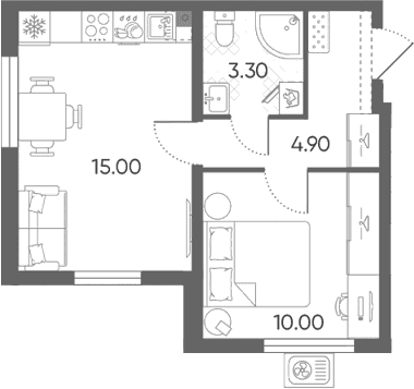 Планировка: Евродвушка 33,2 м² в ЖК «Ручьи 2»