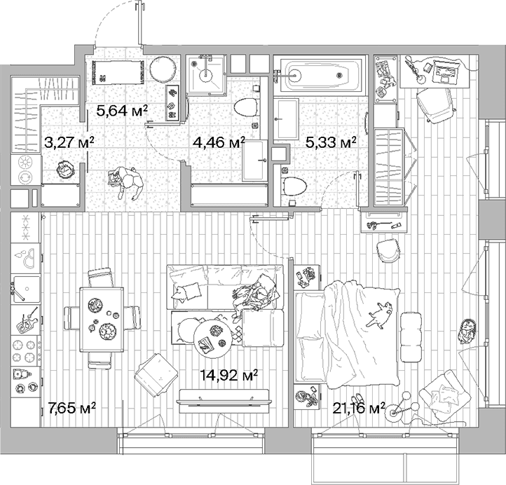 Планировка: Евродвушка 62,4 м² в ЖК «МЫС»
