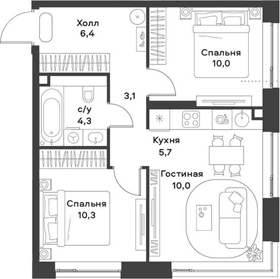 Планировка: Евротрёшка 49,8 м² в ЖК «АЛИА»
