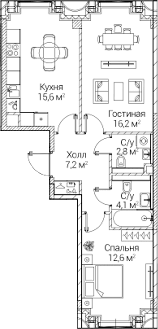 Планировка: 2-комнатная квартира 58,3 м² в ЖК «СЕЗАР БУДУЩЕЕ»