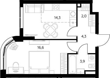 Планировка: 1-комнатная квартира 41,2 м² в ЖК «Адмирал»